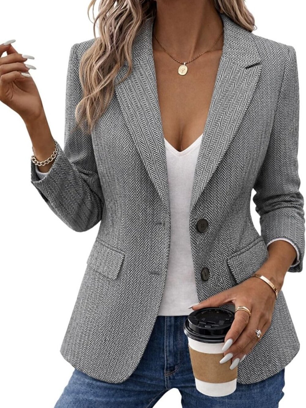 Chic Women's Herringbone Tweed Blazer Jacket | Stylish Work Office Coat